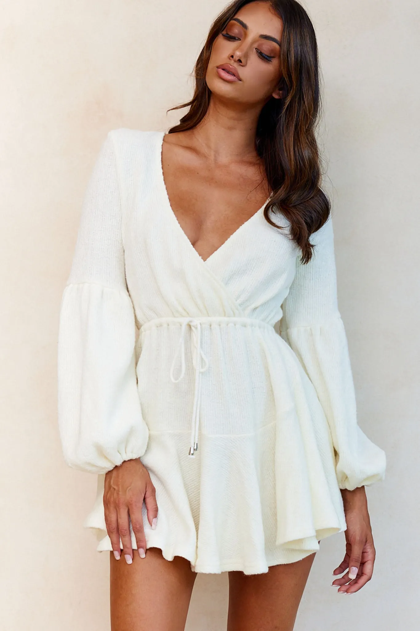 Annalise Long Sleeve Drawstring Knit Dress White