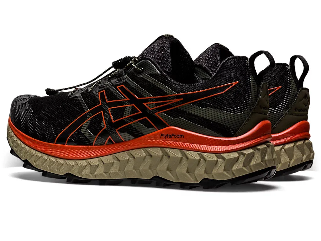 ASICS Mens TRABUCO MAX Trail Running Shoes in Black/Cherry Tomato Color