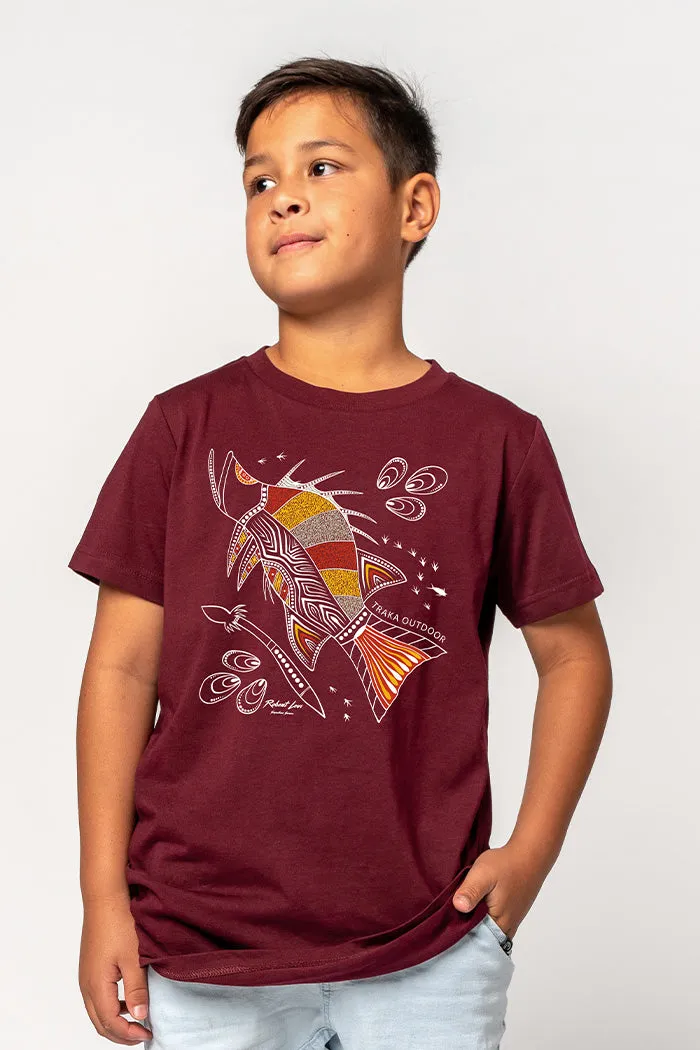 Barramundi Hunt Burgundy Cotton Crew Neck Kids T-Shirt