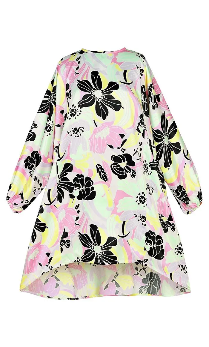 Basic Flairy Soft Satin Floral Printed Tunic With Pockets