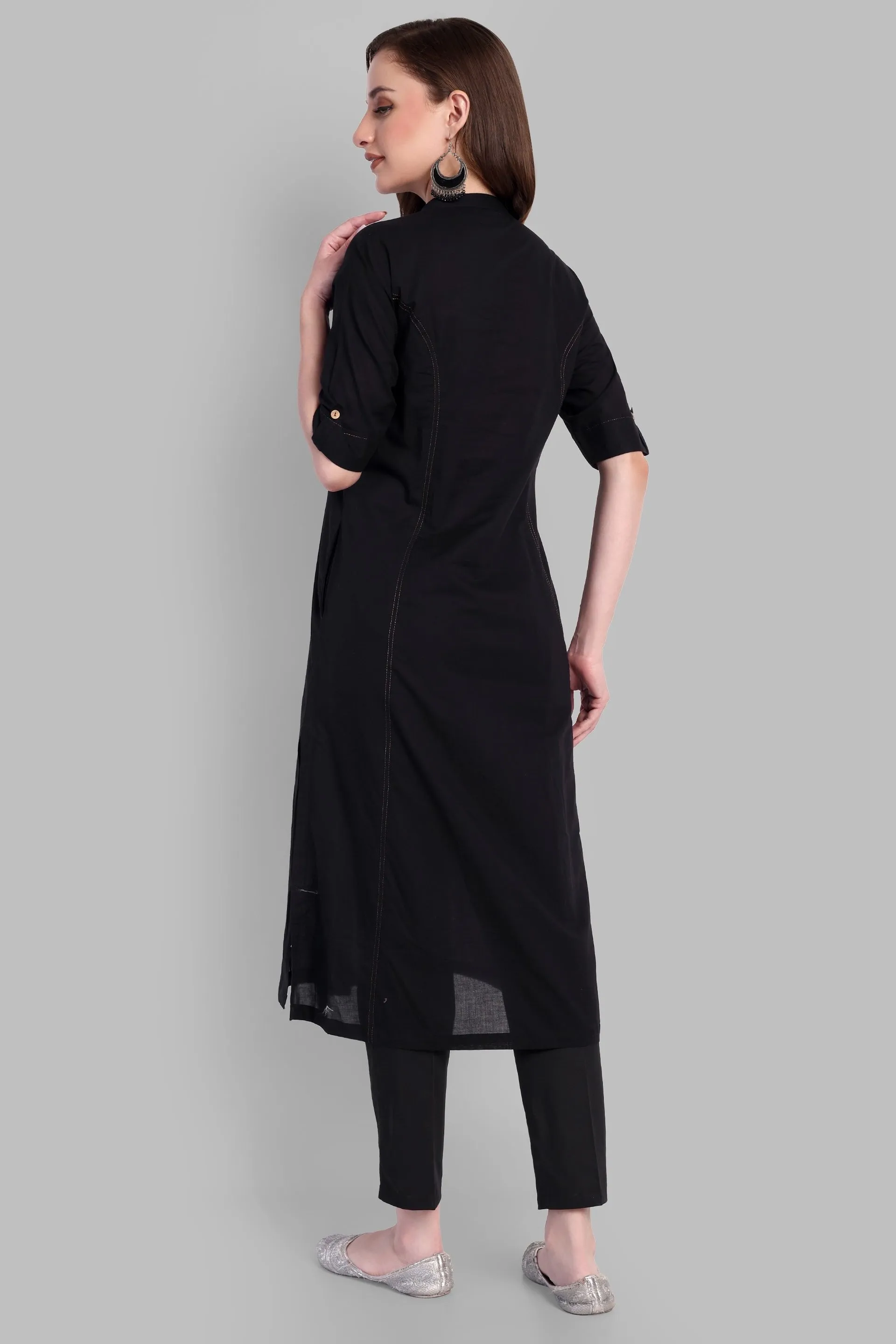 Black A Line Cotton Kurta with Pant - Set of 2