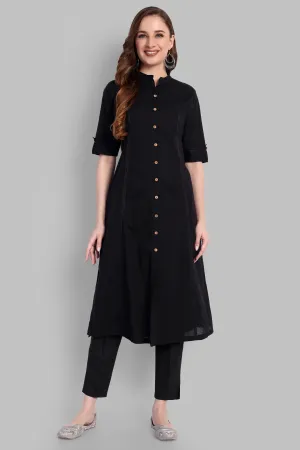 Black A Line Cotton Kurta with Pant - Set of 2