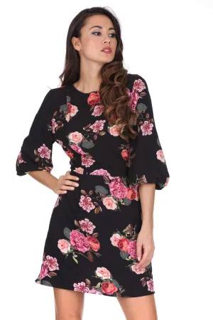 Black Floral Ruched Sleeve Dress