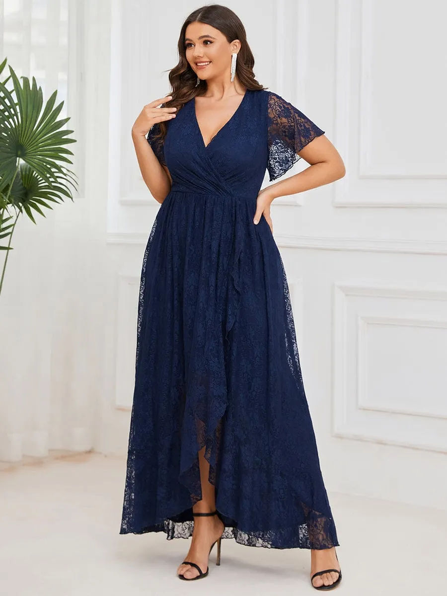 Custom Size Short Sleeve Ruffled V-Neck A-Line Lace Evening Dress