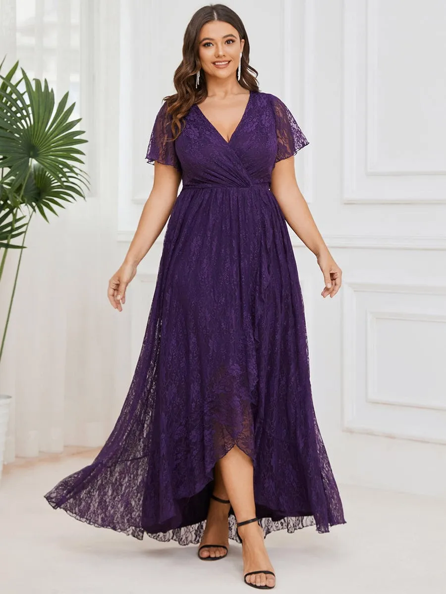 Custom Size Short Sleeve Ruffled V-Neck A-Line Lace Evening Dress