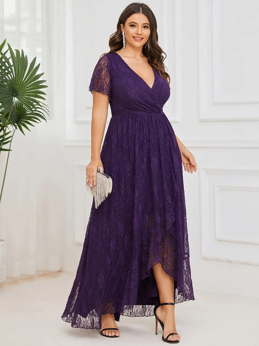 Custom Size Short Sleeve Ruffled V-Neck A-Line Lace Evening Dress