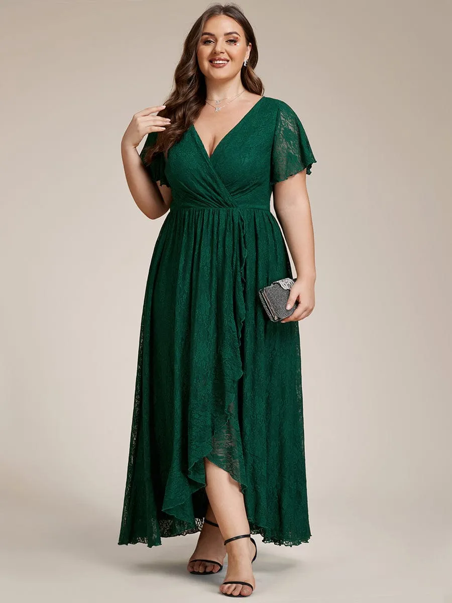 Custom Size Short Sleeve Ruffled V-Neck A-Line Lace Evening Dress