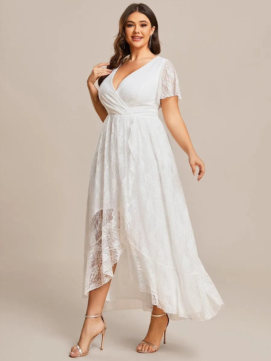 Custom Size Short Sleeve Ruffled V-Neck A-Line Lace Evening Dress