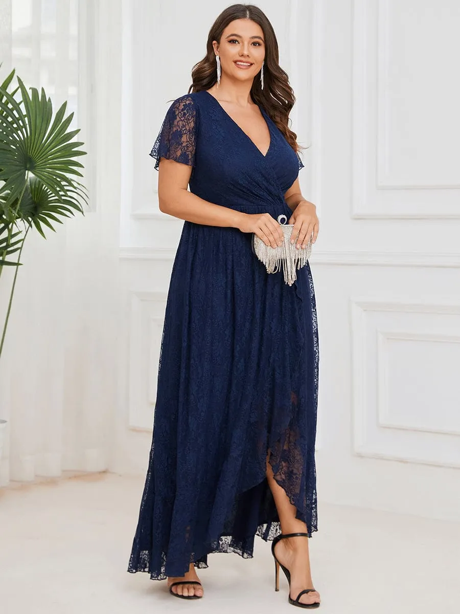 Custom Size Short Sleeve Ruffled V-Neck A-Line Lace Evening Dress