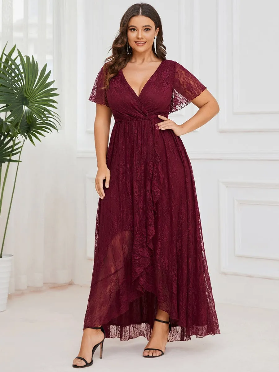 Custom Size Short Sleeve Ruffled V-Neck A-Line Lace Evening Dress