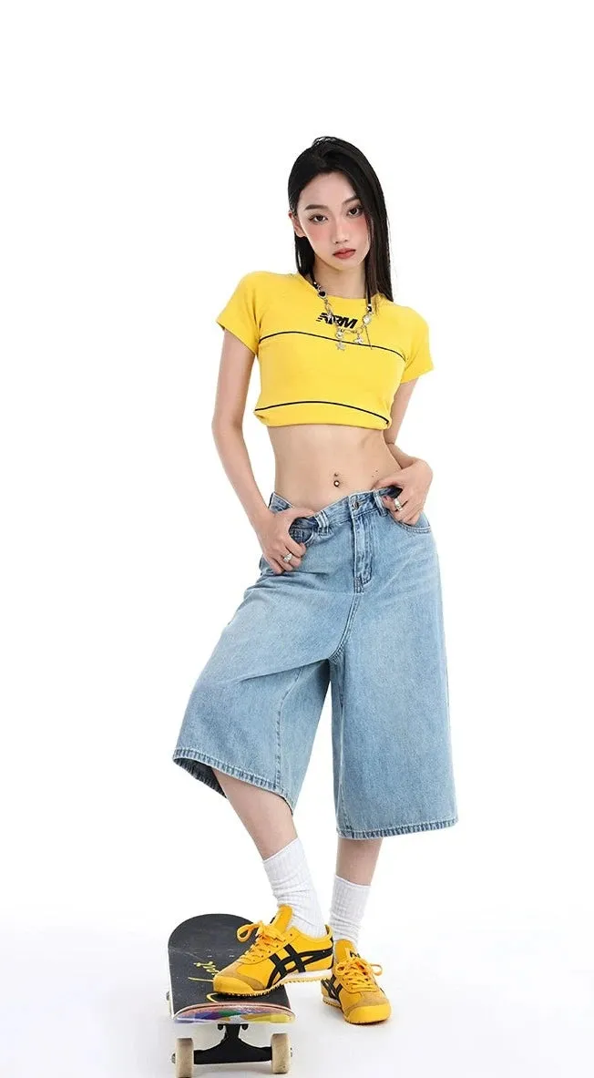 Denim Wide-Leg Culotte Capri Flare Shorts