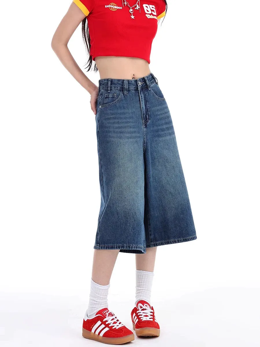 Denim Wide-Leg Culotte Capri Flare Shorts