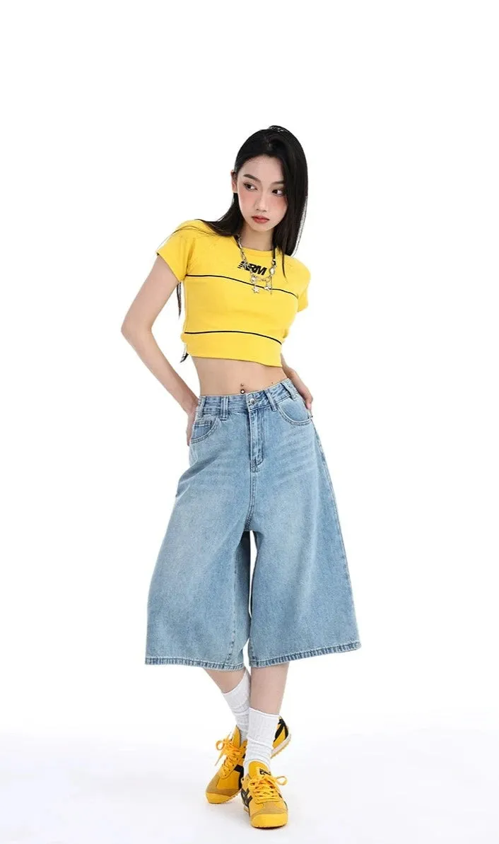 Denim Wide-Leg Culotte Capri Flare Shorts