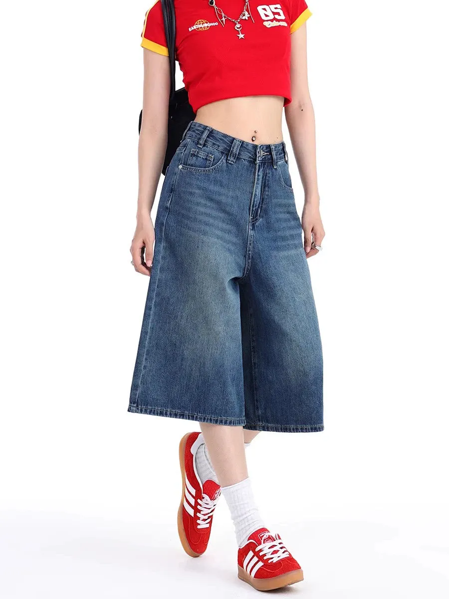 Denim Wide-Leg Culotte Capri Flare Shorts