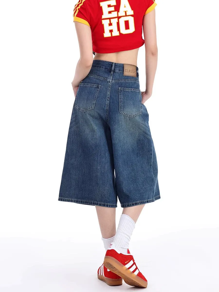 Denim Wide-Leg Culotte Capri Flare Shorts