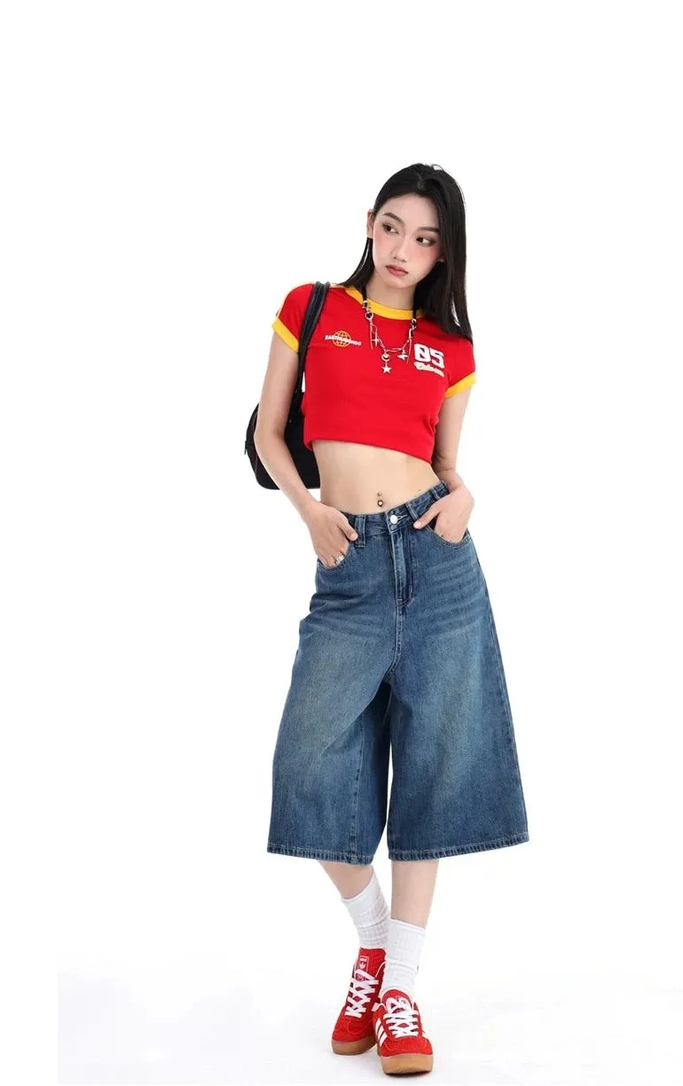 Denim Wide-Leg Culotte Capri Flare Shorts