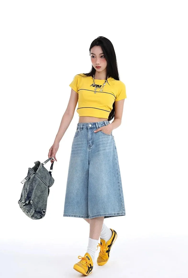 Denim Wide-Leg Culotte Capri Flare Shorts