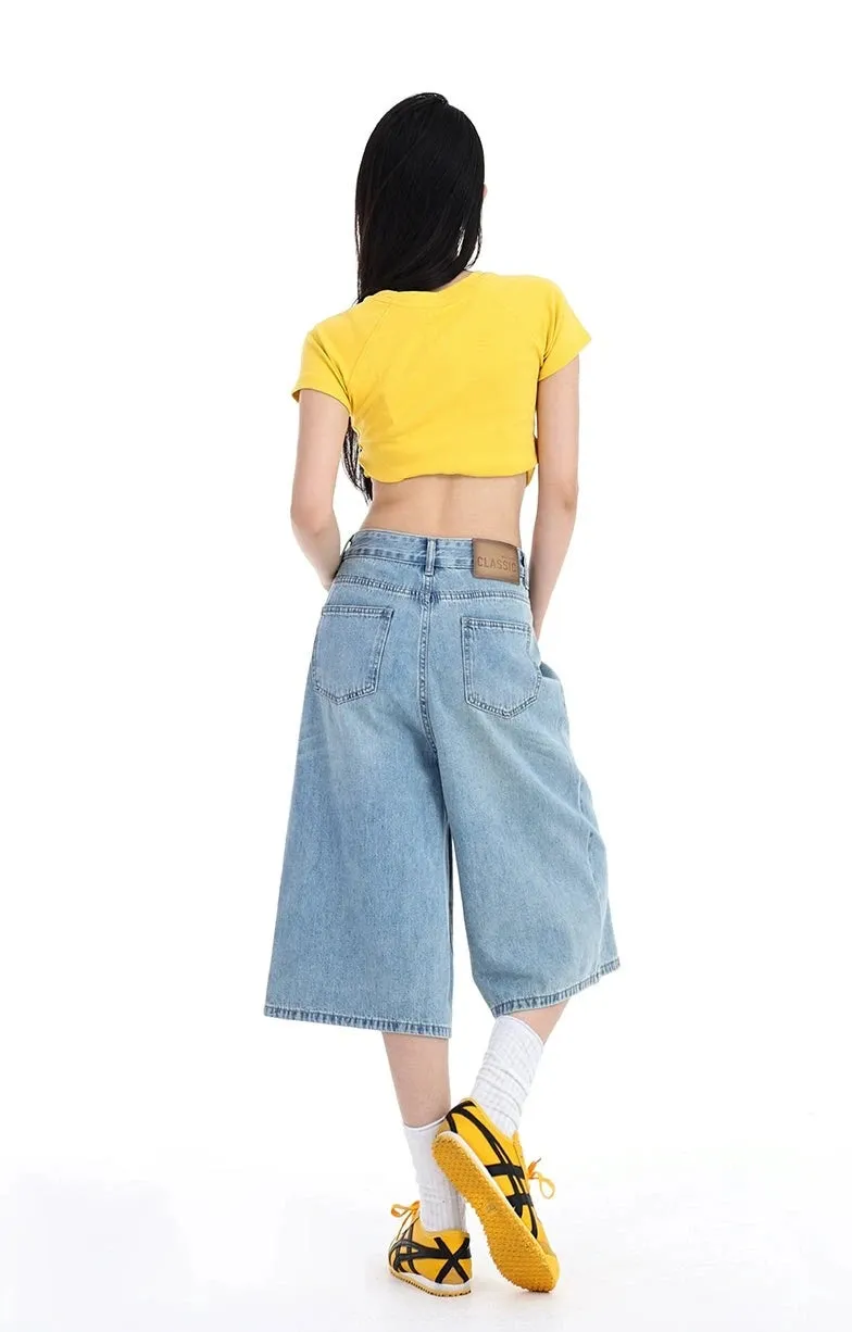 Denim Wide-Leg Culotte Capri Flare Shorts