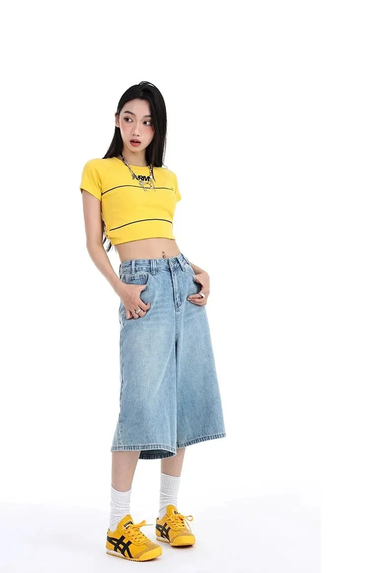 Denim Wide-Leg Culotte Capri Flare Shorts