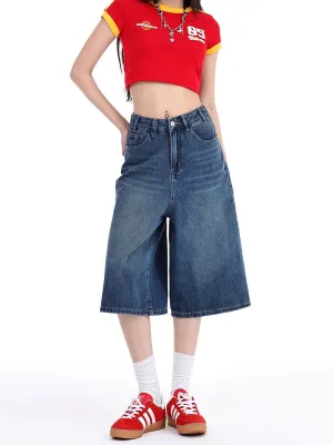 Denim Wide-Leg Culotte Capri Flare Shorts