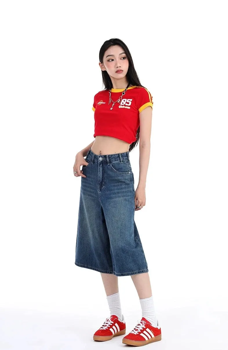 Denim Wide-Leg Culotte Capri Flare Shorts