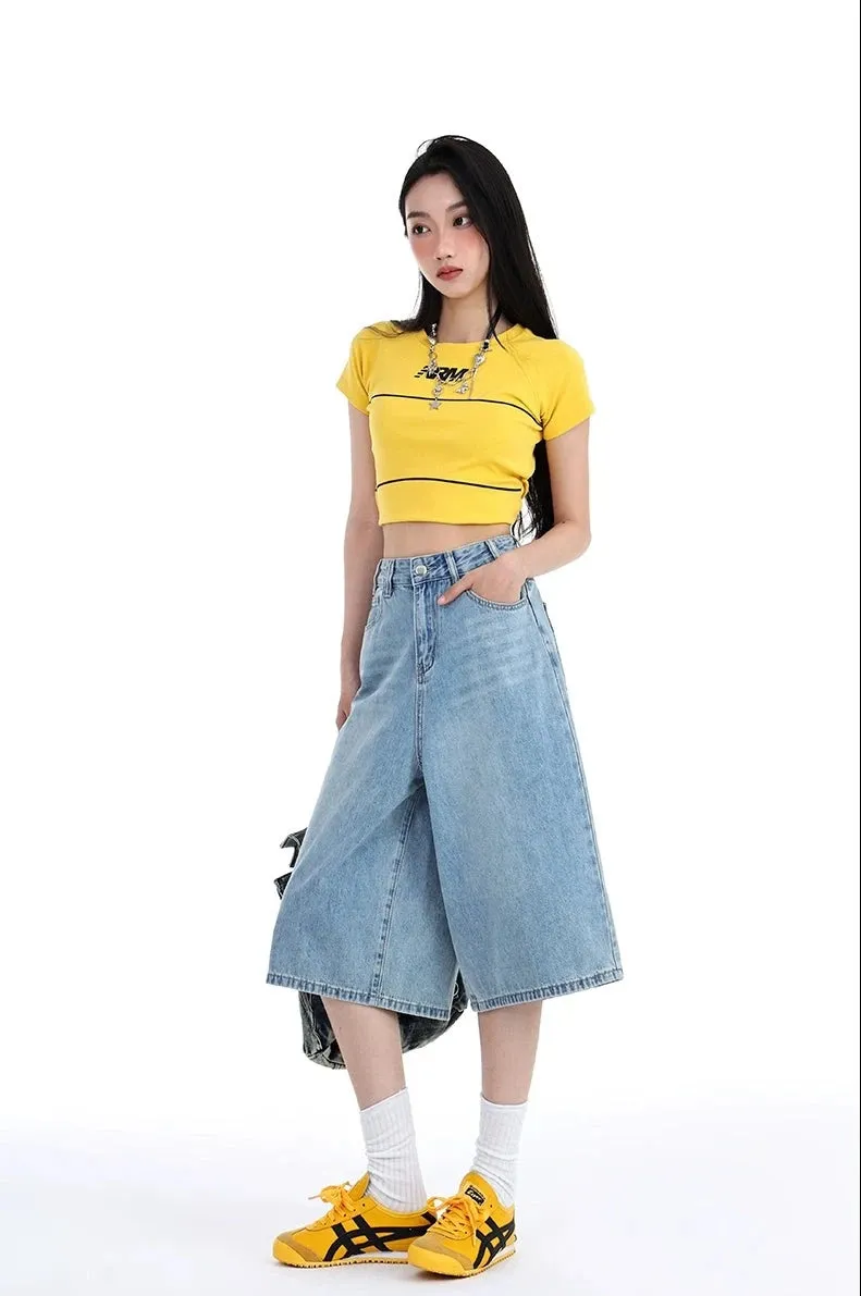 Denim Wide-Leg Culotte Capri Flare Shorts