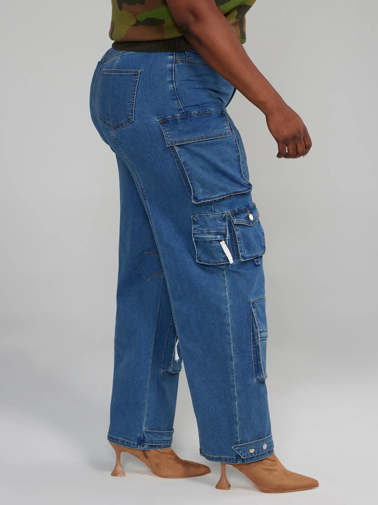 High Rise Straight Leg Denim Cargo Jeans - Tall Inseam