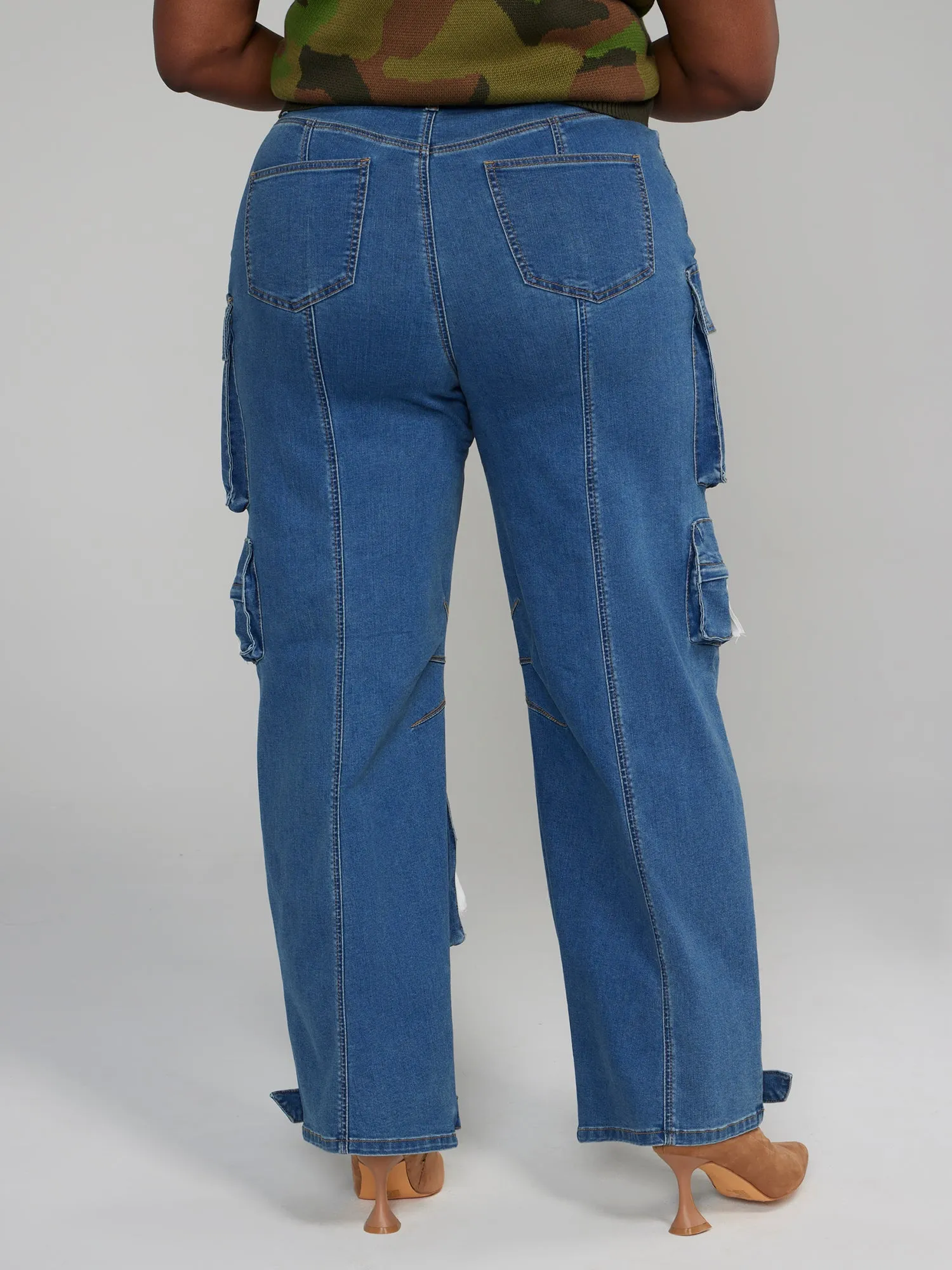 High Rise Straight Leg Denim Cargo Jeans - Tall Inseam