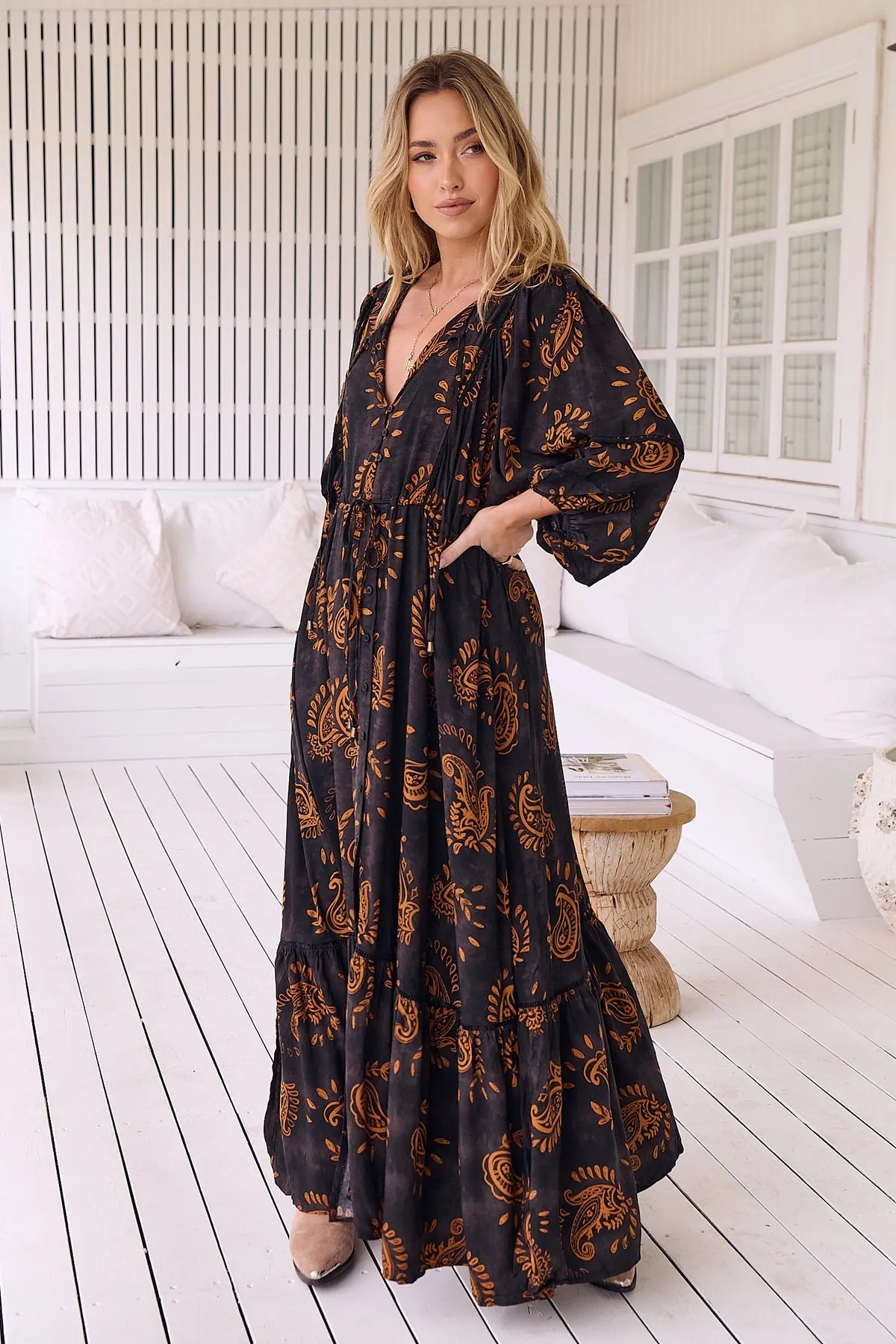 Jaase - Catalonia Maxi Dress with Batwing Sleeve Button Front - Milan Collection