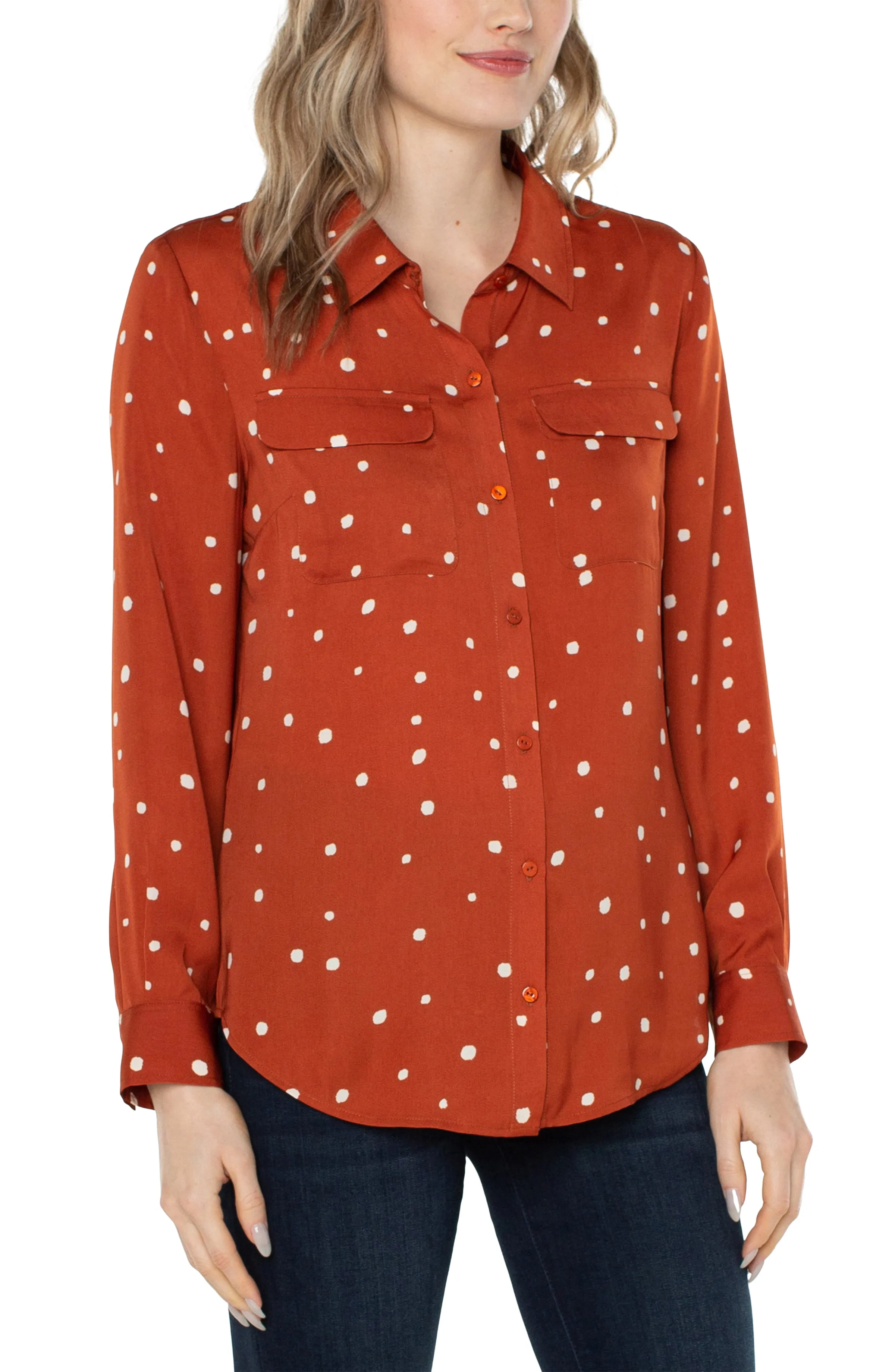 Liverpool Flap Pocket Button Front Woven Blouse (Dot/Maple Red) (plus size available)